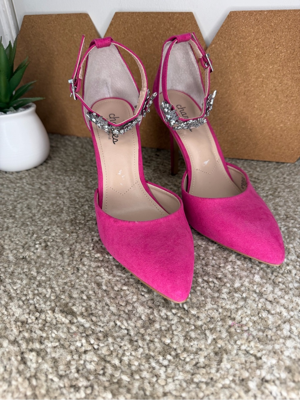 Charles by Charles David Fuchsia Pump Ankle Strap Heels with Crystal Accent